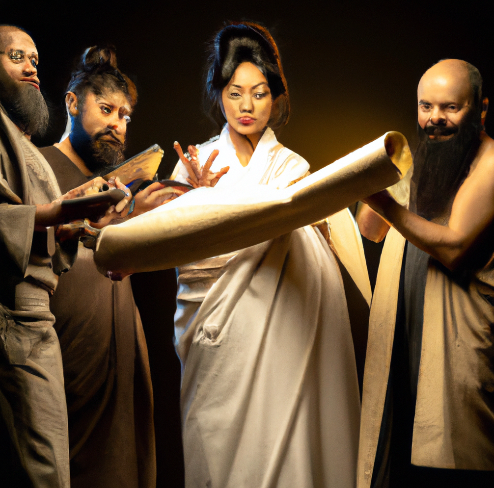 Philosophers in ancient garb look at a scroll